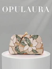OpulAura Elegant Glossy Multi-Color Leaf & Floral Patchwork Crossbody Clutch Bag, Suitable For Weddings, Random Pattern - Apricot - View 1