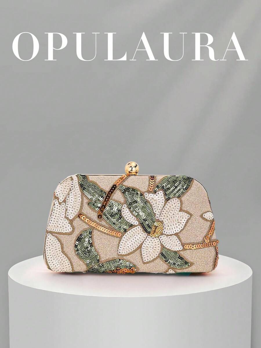 OpulAura Elegant Glossy Multi-Color Leaf & Floral Patchwork Crossbody Clutch Bag, Suitable For Weddings, Random Pattern - Apricot - View 1