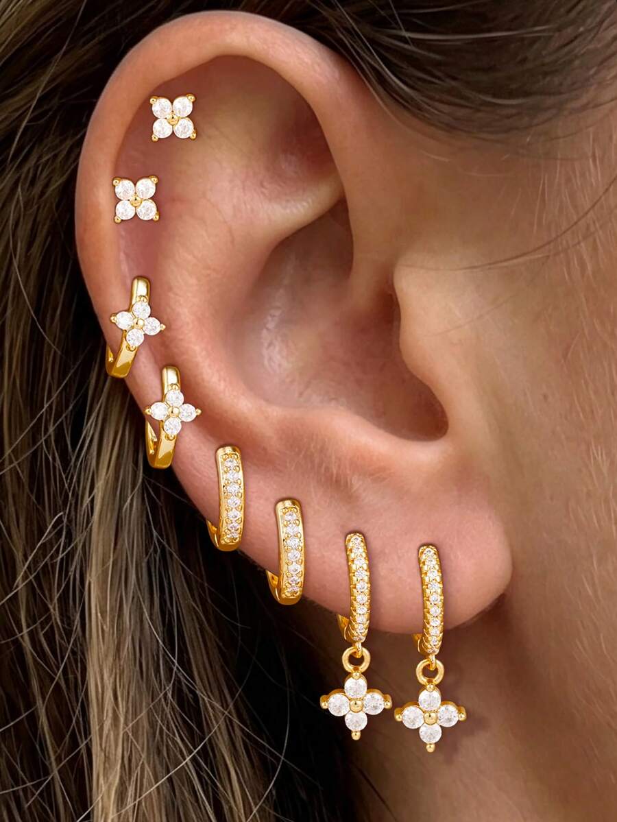 Juego de 8 piezas de pendientes de aro con flor de circonita exquisita para mujer, chapados en oro de 18K, flor de cuatro pétalos, regalo de joyería para compromiso y cumpleaños - 8 uds.-Oro 1 - Ver 1