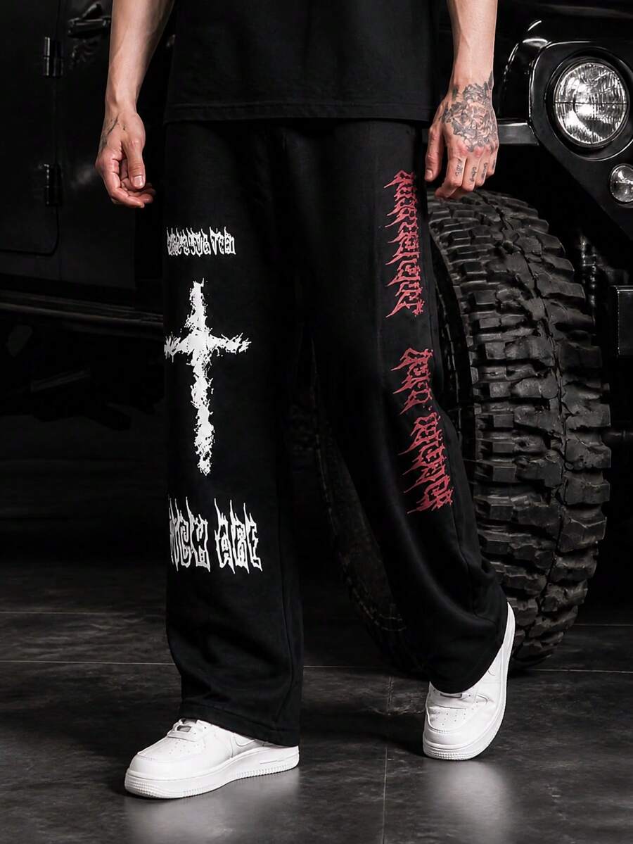 Cross Gothic Letter Wide Leg Sweatpants, Contrast Red & Black Font Drawstring Elastic Straight Leg Long Pants - Black - View 1