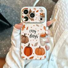 1pc TPU Material Autumn Coffee Pumpkin Maple Leaf Atmosphere Pattern Phone Case Suitable For IPhone 17 Pro Max/17/16 Pro Max/15/14/13/12/11 Full Coverage Shockproof Soft Shell Phone Protective Cover - Silver - View 1
