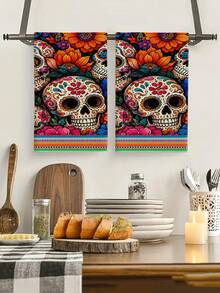 2pcs/4pcs Day Of The Dead Colorful Sugar Skull Towels, Vibrant Floral And Stripe Print, Soft Absorbent Microfiber, Bathroom Kitchen Holiday Decor Gift - Multicolor - View 7