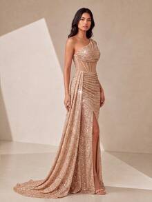 VIPGIRL Champagne Gold Sequin Evening Dress One Shoulder Corset Mesh Bustier Side Train High Split Ruched Bodycon Floor Length Prom Party Gala Maxi Dress - Champagne - View 2