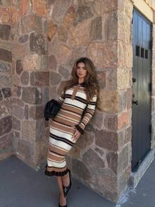 Joy Knit Women's Sweater Autumn/Winter Fashion New - Basic Tops - Simple Casual Fashion - Turn-Down Collar Striped Color-Block Button Sweet Ruffle Trim Fitted Knit Sweater Long Dress - Camel - View 4