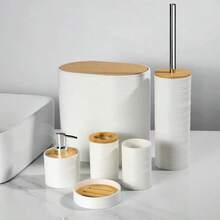 Bathroom Accessories Set 4 Pcs/6 Pcs, Wash Set With Bamboo Lid Opposite Straps/EssentialsBath Accessories, DecorationBathrooms - White - View 8