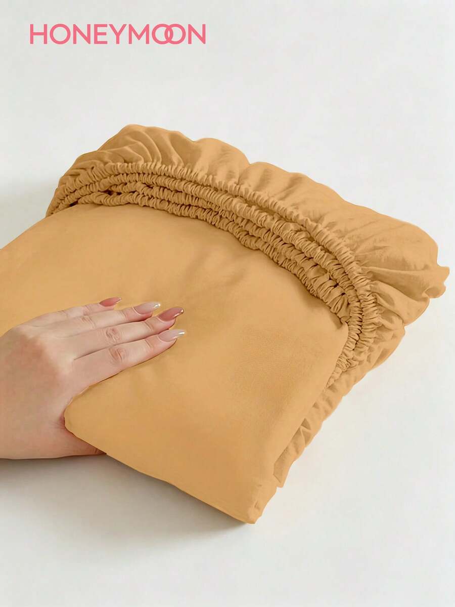 HONEYMOON 1pc Solid Color Soft Fitted Sheet, 100% Polyester Fabric, Lightweight Cloud-Like Touch Bedding Mattress Cover, Fits 9-12 Inch Deep Mattress, Soft Breathable Machine Washable, Shrink-Resistant, Fade-Resistant, All Season, Various Sizes For Home And Dorm, Back To School Dorm Essential, Yellow - Buff Yellow - View 1