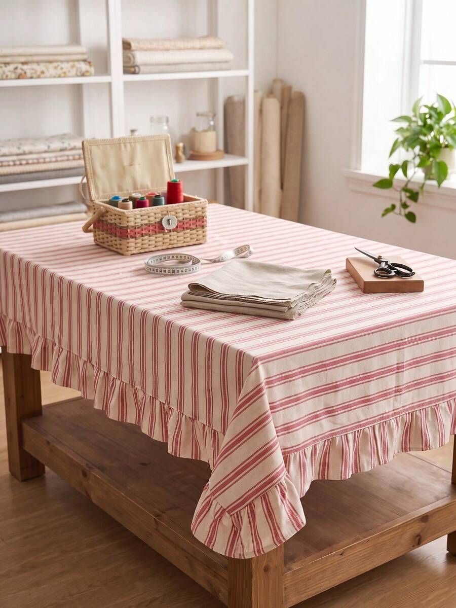 1pc Fresh Red Striped Ruffle Edge Tablecloth, American Country Style Simple Decorative Dining Table Cloth, Rectangular Coffee Table TV Cabinet Entryway Multi-Functional Cover, Suitable For Holiday Party Birthday Party Wedding Dinner Table Decoration Room Decor Office Desk Coffee Table Mat Outdoor Picnic Mat Home Decor Room Decor All Season - Red - View 1