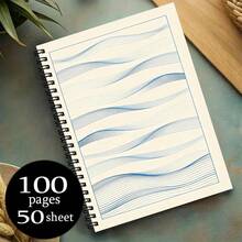 1 pieza Cuaderno con patrón de línea azul ondulada, estilo artístico minimalista, cuaderno de escritura, uso escolar, suministros de aprendizaje, buen artículo de registro de oficina, esencial para volver a la escuela - A - Ver 4