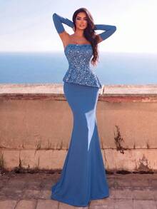 Elegantes trägerloses langes Meerjungfrau-Rock für Damen, mit Pailletten-Details und Ärmeln verziert, luxuriöser gestrickter formeller Abendkleid für Party und Hochzeit - Graublau - Übersicht 4