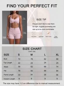 Women's Casual Sports 2 Pieces Set, Ruched Bust Cross Back Sleeveless Top, Ruched Waist Butt-Lifting Tight Shorts, Suitable For Yoga, Daily Wear - Pink - View 11