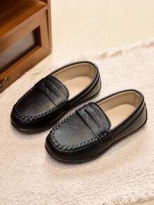 1 Pair Unisex Kids' Vintage British Style Loafers, Soft Sole Stitched Slip-On Shoes, Suitable For School, School Uniform, Stage Performance - Black - View 1