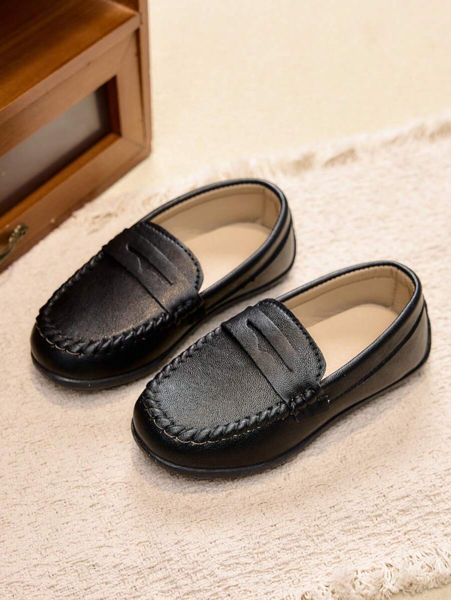 1 Pair Unisex Kids' Vintage British Style Loafers, Soft Sole Stitched Slip-On Shoes, Suitable For School, School Uniform, Stage Performance - Black - View 1