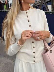Autumn White Button-Up Small Stand Collar Cardigan Knit Top - White - View 6