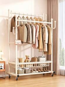 Double‑Pole Floor‑Standing Movable Coat Rack With Universal Casters For Easy Movement, Side Hooks, Double‑Layer Storage Space, Thickened Stable Tubing, Available In Black And White, Provides Large‑Capacity Storage For Clothes, Hats And Shoes - A - View 8