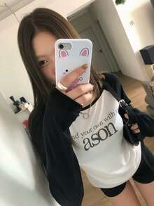 Women's Letter Print Colorblock Casual Daily Long Sleeve Top - Black and White - View 3