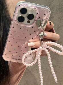 Korean Laser Heart Bow Pendant Pink Glitter Water Ripple Phone Case, Compatible With 17/16 Pro Max/15 Pro/14/13, Summer Anti-Fall Protective Cover, Sweet Girly Style - Pink - View 2