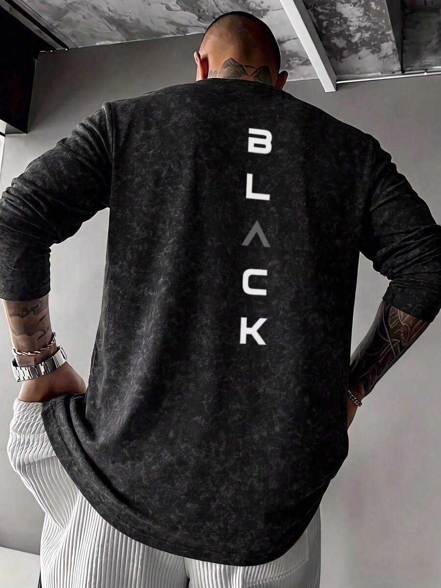 Men's Spring/Autumn Back English Print Washed Effect Drop Shoulder Loose Fit Crew Neck Long Sleeve T-Shirt - Black - View 1