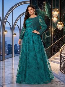 Plus Size Elegant Autumn/Winter Faux Pearl & Rhinestone Embellished Lace A-Line Long Evening Dress, Round Neck Sheer Long Sleeve, Suitable For Party, Wedding, Date - Teal Blue - View 1