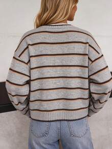 Women Retro Round Neck Contrast Stripe Long Sleeve Sweater Cardigan Color Block Drop Shoulder Sweater–Fall Winter Loose Casual Versatile Fashion - Multicolor - View 2
