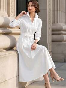 Vuslat Women's Autumn Solid Color Small Stand Collar Long Sleeve Hidden Button Waist Tie Pocket Knee-Length Shirt Dress, Commuter Wear - White - View 2