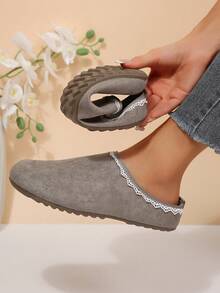 Vintage Lace Trim Closed Toe Slippers Women's Slouchy Outdoor Slippers Soft Sole Backless Shoes - Grey - View 3
