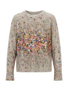 Women's Lightweight Floral Print Sweater - Khaki With Multicolor Flower Pattern, Casual Crew Neck Long Sleeve Top, Suitable For All Seasons, Layered Design, Vibrant Color Blend - Khaki - View 7