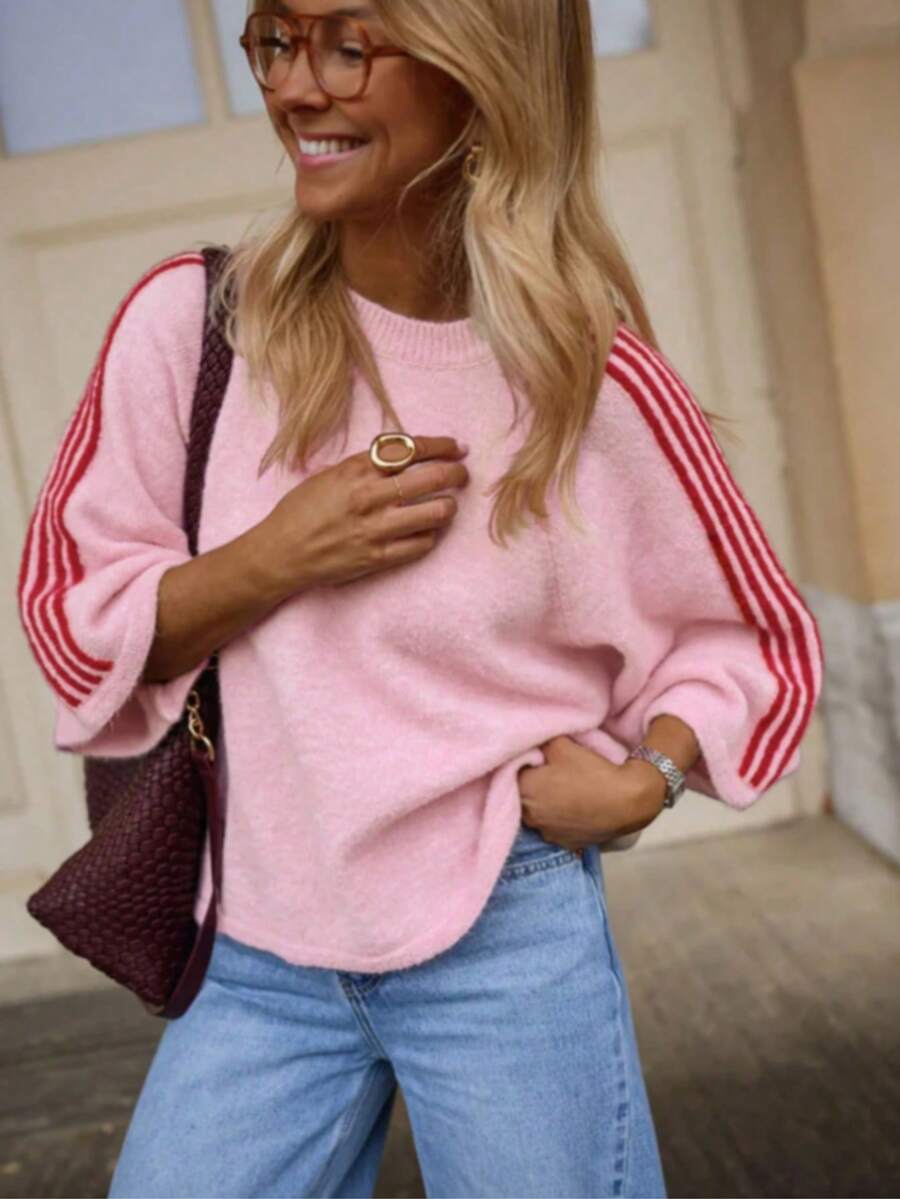 Women's Colorblock Striped Long Sleeve Sweater Top 2026 Round Neck Mid-Short Knit Sweater French Street Style Autumn Daily Coffee Shop Pink Fall - Pink - View 1