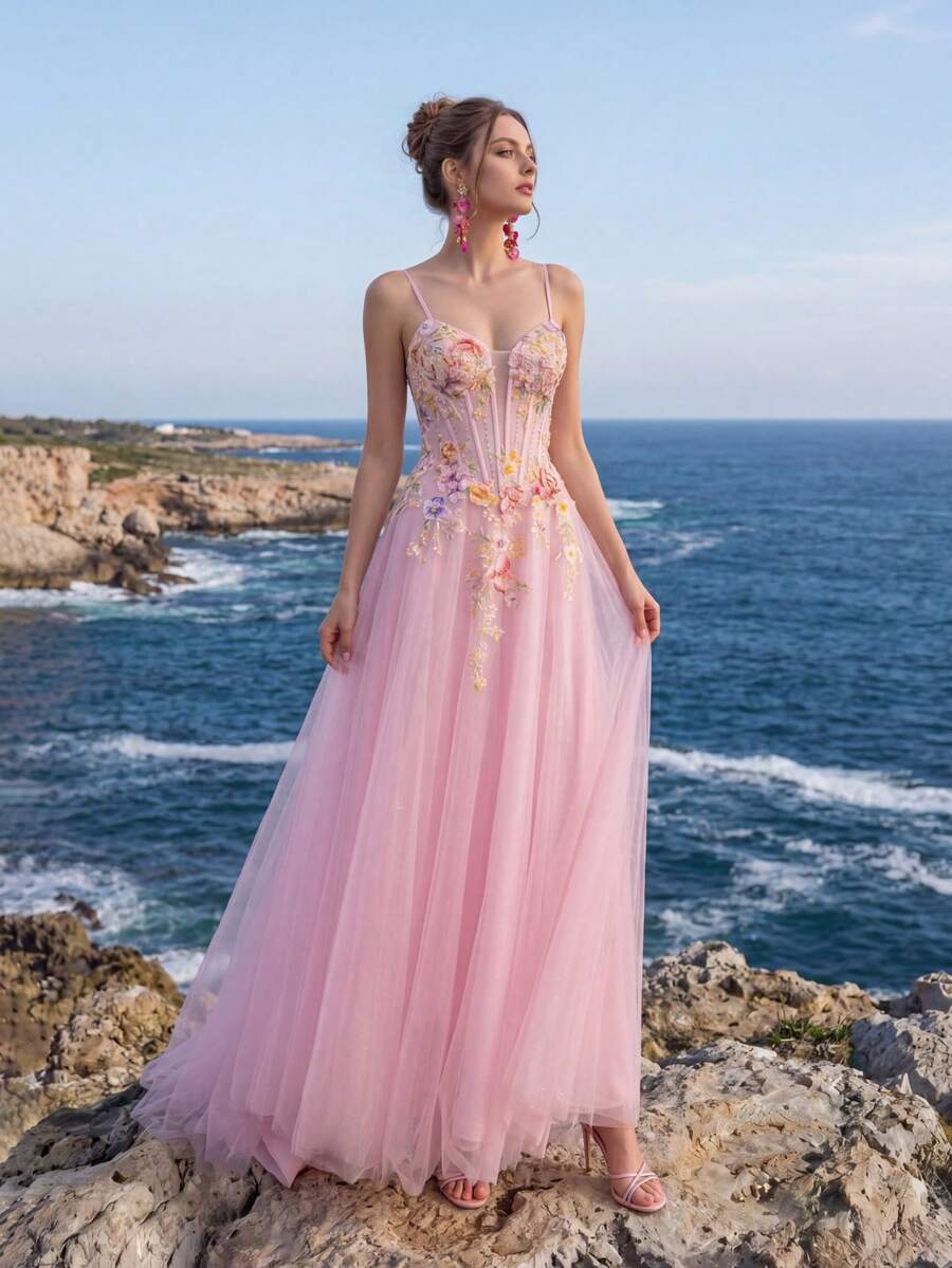 Anymoon Women's Ruched Bust Floral Embroidered Contrast Mesh High Waist Long Evening Gown - Pink - View 1