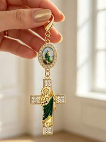 St. Benedict Keychain, Key Ring, Decorated With Small Flower Cross, Pearl And Diamond Amulet - Cross Keychain, Bag Charm, Cross Pendant, Decorative Wallet Backpack Accessory, Earphone Case Accessory, Decorative Keychain With Ring Clip, Suitable For Luggage And Car - Single Piece Ornament, Inlaid With Pearl, Diamond And Romantic Elements, Unique Gift For Thanksgiving And Christmas For Family, Mother, Female Friends Or Even Yourself - Multicolor - View 3