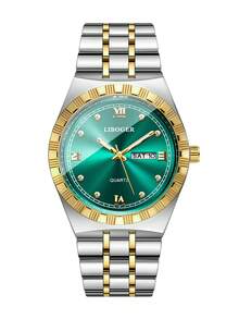 Men's Premium Gold-Tone Alloy Band Watch, Roman Numeral Rhinestone Dial With Date Display, Business Casual Versatile Quartz Wristwatch (1pc/Set) Watch Box Not Included - Multicolor - View 7