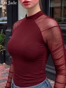 女款秋冬假領網紗波點抓褶長袖落肩修身上衣，適合節日場合、度假休閒、都市漫步穿搭 - 酒紅色 - 查看 6