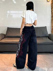 1pc Women's Loose Fit Embroidered Wide Leg Jeans, Comfortable Casual High Street Versatile Denim Pants (Belt/Accessories Not Included) Spring Fall - Dark Wash - View 8