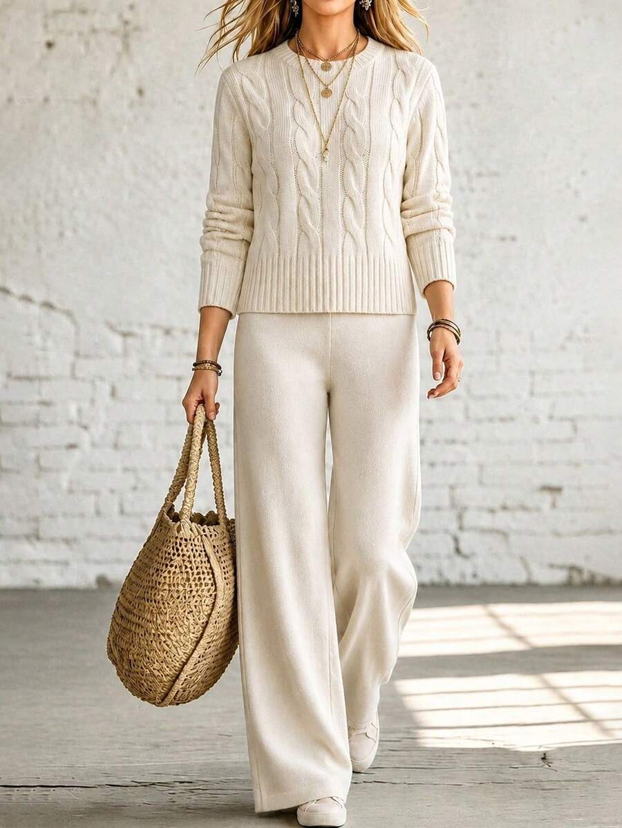 Women's Crew Neck Long Sleeve Knit Sweater & Wide Leg Pants Set, Autumn/Winter - Off White - View 1