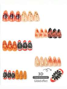 NAIO 10片杏仁形穿戴式假指甲，秋季優雅楓葉印花、3D琥珀花朵、金色漩渦雕花、波點與金箔細節，亮面季節性美甲裝飾，適合女性 - 彩色 - 查看 5