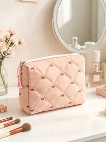 Quilted Embroidery Bow Hand‑Held Makeup Bag, Large Capacity Makeup Bag Set, Travel Toiletry Bag, Sanitary Napkin Storage Bag, Coin Purse,Zipper Wallet - Pink - View 2