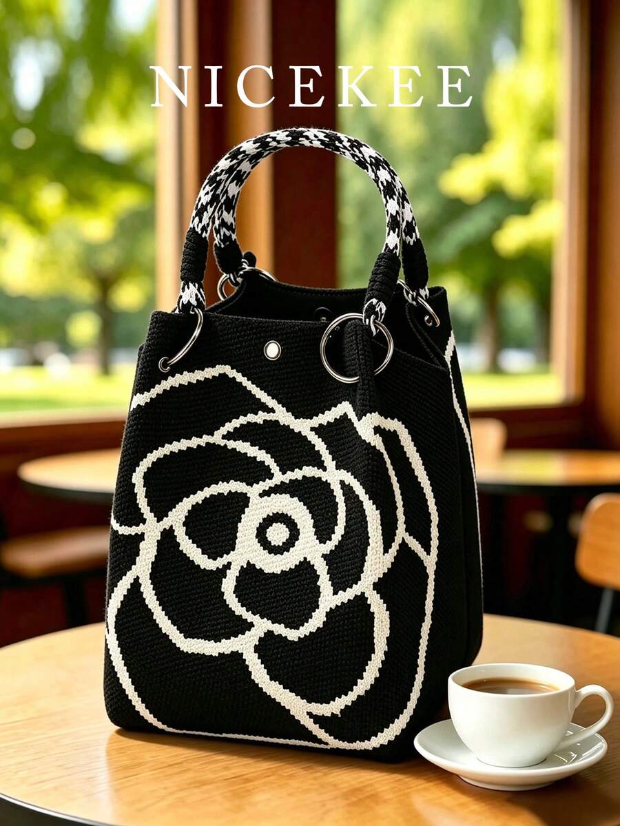 Classic Colorblock Polka Dot Casual Versatile Artistic Bucket Bag, Multi-Functional Daily Commute Handbag, Suitable For Niche Shopping And Dating - Black - View 1