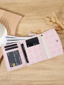 Fashion Bow Printed Women's Short Wallet, Portable Metal Heart-Shaped Tassel Decoration Three Fold Wallet, Suitable For Outdoor And Travel - Pink - View 5