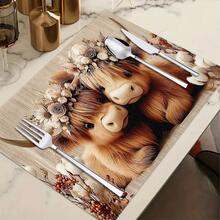 1/4/6pcs Autumn Series Highland Long-Haired Cow Floral Pattern Printed Placemats, Heat-Resistant Table Mats For Home Kitchen/Table Protection, Kitchen Dining Table Party Scene Decoration - Multicolor - View 11