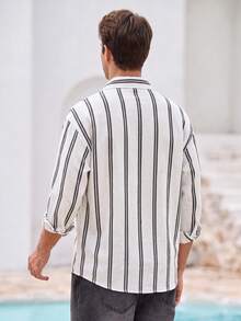 Mercer Haus Men's Striped Long Sleeve Single-Breasted Pocket Loose Casual Shirt, Autumn Style - White - View 2