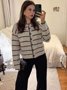 Women Retro Round Neck Contrast Stripe Long Sleeve Sweater Cardigan Color Block Drop Shoulder Sweater–Fall Winter Loose Casual Versatile Fashion - Multicolor - View 7
