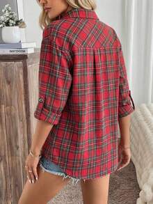 Autumn Fashion Casual Rolled-Up Sleeve Plaid Flannel Long Sleeve Shirt - Red - View 5