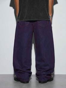 Modcrash Men's HK Streetwear Wide Leg Jeans, Creative Spliced & Ripped Design With Unique Hand-Painted Patterns, Loose Versatile Pants (No Belt & Accessories) Fall/Autumn/Winter - Purple - View 2