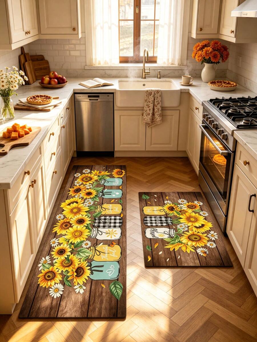 1pc 2D Autumn Floor Mat, Vintage Sunflower Pattern Diatomaceous Earth Mat, Super Absorbent, Non-Slip, Perfect For Bathroom, Kitchen And Dining Room, Quick Dry, Machine Washable, Perfect Gift For Home Decor And Bathroom Mat, Autumn Gift! - Multicolor - View 1
