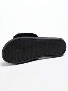 1 Pair Women's Heart-Shaped Plush Slippers, Open Toe Fluffy Flat Sandals, Comfortable Indoor Outdoor Home Slippers - Black - View 8