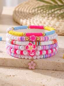 Set Gelang Anak Perempuan 6 Buah Berwarna-warni, Terbuat dari Tanah Liat Lembut, Manik-manik Mutiara Imitasi, dan Motif Bunga yang Manis, Cocok untuk Pemakaian Sehari-hari dan Sebagai Hadiah. - MultiWarna - View 3