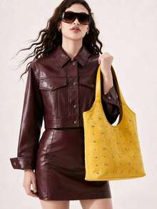 Women Shoulder Tote Bag,Plain Soft Suede Fabric,All‑Over Metal Stud Decoration & Wide Straps,Large Capacity,Retro Style For Work Shopping Daily Outing - Multicolor - View 7