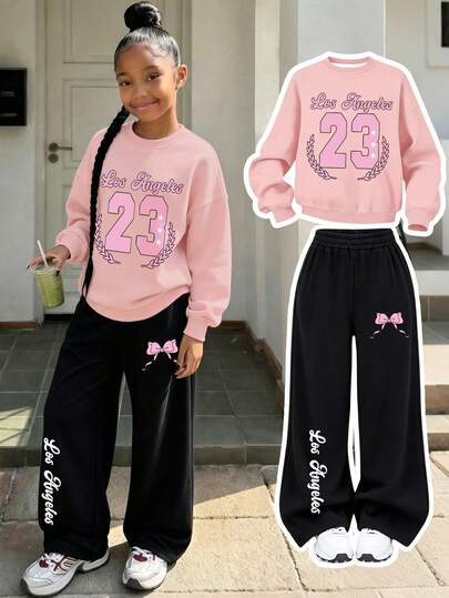 Sweet & Cool Style Girls 2 Pieces Sports Set, Los Angeles 23 Cropped Sweatshirt & Bow Letter Print Wide Leg Pants Set, Spring/Autumn