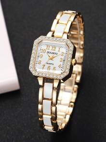 Women's Luxury Square Rhinestone Dial Quartz Watch, Elegant Small Square Wristwatch, Gift For Girlfriend (1pc/Set) Watch Box Not Included - White - View 6