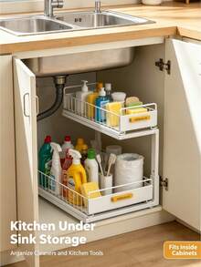 Two‑Tier Sliding Under‑Sink Storage Organizer , Adjustable‑Height Metal Rack With Pull‑Out Baskets, Available In 3 Colors, Cabinet Organizer For Kitchen Spices, Cleaning Supplies And Bathroom Toiletries - Multicolor - View 7