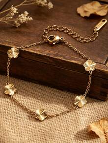 1pc 9mm Stainless Steel Luxury Fashion 18K Gold Plated Five-Leaf Flower Mini Bracelet For Women, Delicate Daily Wear Gift - Floral Bracelet - View 1